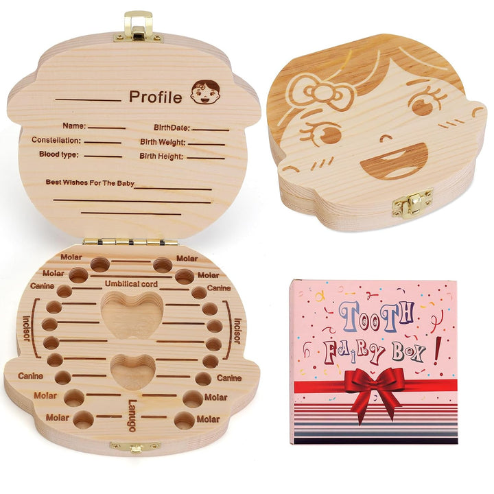 Baby Tooth Box Wooden Kids Keepsake Organizer Gift for Baby Teeth, Cute Children Tooth Container with Tweezers to Keep the Childwood Memory (Boy)