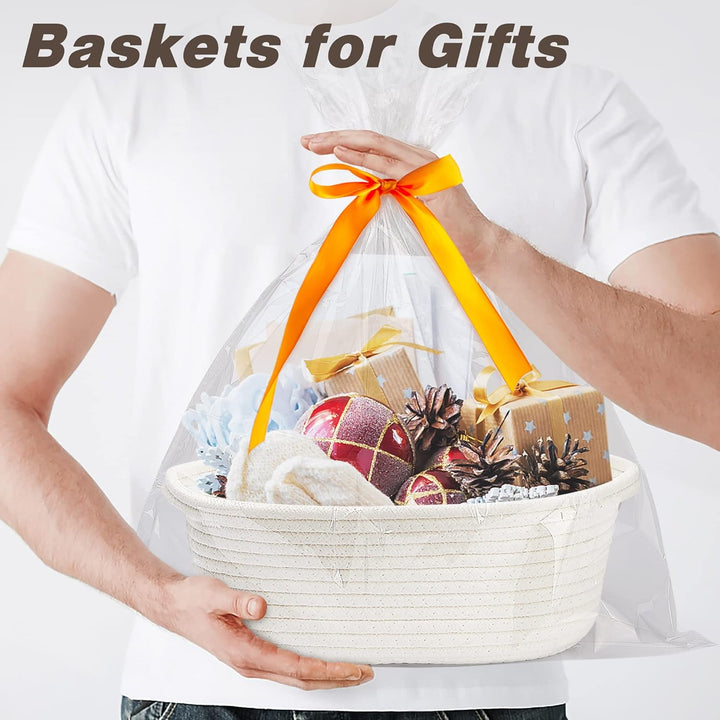 Small Woven Basket with Gift Bags and Ribbons Durable Baskets for Gifts Empty Small Rope Basket for Storage 12"X 8" X 5" Baby Toy Baskets with Handles, White