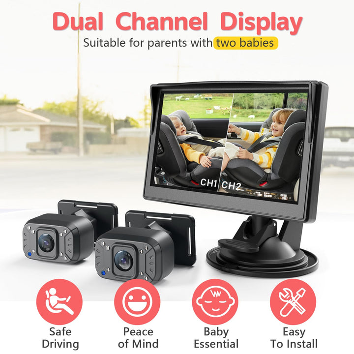 Baby Car Camera, Dual Channel 5 Inch Display with 2 IR Night Vision Camera, Easily Install Baby Car Mirror 1080P Clear Car Baby Camera for Rear Facing Seat Backseat ACZ403
