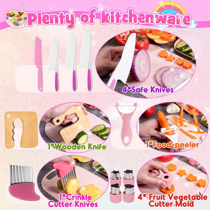 Kids Kitchen Knife Set for Real Cooking & Basket,Montessori Toys for 3 4 5 6 7 8 9 10 Year Old Girls Birthday Gifts, Toddler Knife Set, Toddler Kitchen Tools