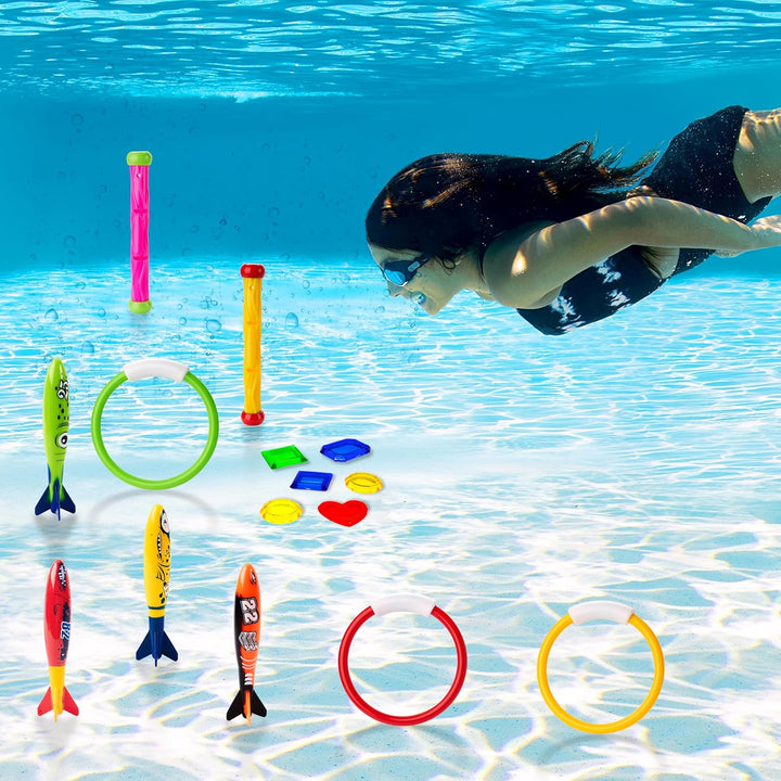 18Pcs Diving Pool Toys for Kids, Swimming Pool Toy with Storage Bag Includes 4 Pool Rings, 4 Diving Sticks, 4 Bandits, 6 Treasures Underwater Swim Pool Games for Ages 8-12
