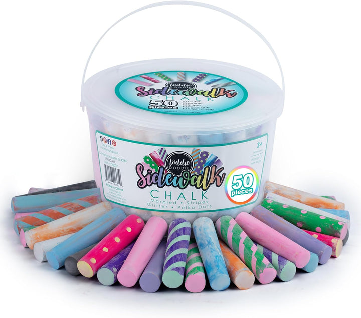Sidewalk Chalk for Kids - 50 Count, 12 Multicolor Jumbo Sticks - Non-Toxic & Washable Bulk Chalk Pack in Reusable Bucket - Easy Grip for Vibrant Outdoor Kids Activities