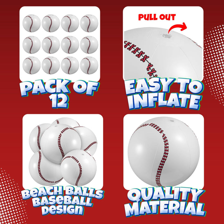 Inflatable Baseball (Pack of 12) 16-Inch, Baseball Beach Balls for Themed Party Decorations & Birthday Decor - Pool Ball Toys Party Favors & Goodie Bags Favors for Kids, Boys and Girls