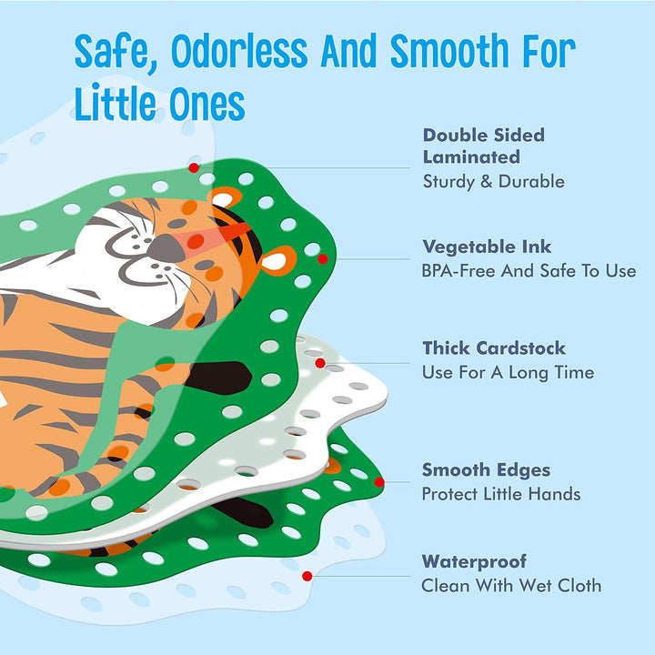 9 Pieces Kids Lacing Cards, Double Sided Sewing Cards in 9 Wild Animals with 9 Colorful Laces, Imagination Development Lacing Toys Games for Children Educational and Learning Activity