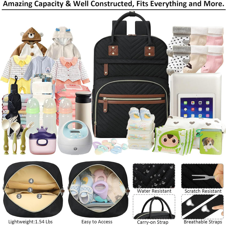 Diaper Bag Backpack for Women Large Capacity with Insulated Pockets Multifunctional Diaper Bags for Baby Girl Boy Waterproof Baby Bags for Mama Maternity Travel Bag Black