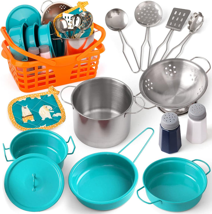 Kids Play Kitchen Toy Accessories Set Toddler Cooking Playset Colorful Stainless Steel Pots and Pans Birthday Gifts for 3+ Girls Boys (New Green)