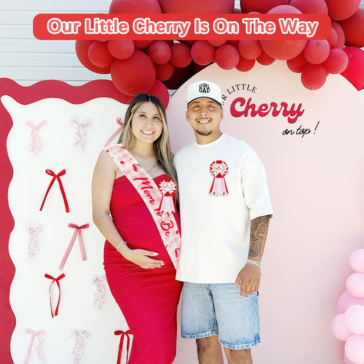 Cherry Baby Shower Decorations Mom to Be Sash Dad to Be Corsage Set, Cherry on Top Baby Shower Mommy to Be Sash for Expecting Parents Gift