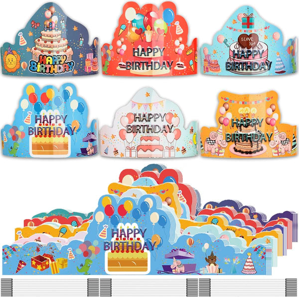 Birthday Crowns for Kids, 30 Pack Assorted Designs Paper Crowns, Classroom Birthday Hats, VBS Party Decor Adjustable Elastic Band, Reusable, Ages 15-28 Inches, Multiple Colors
