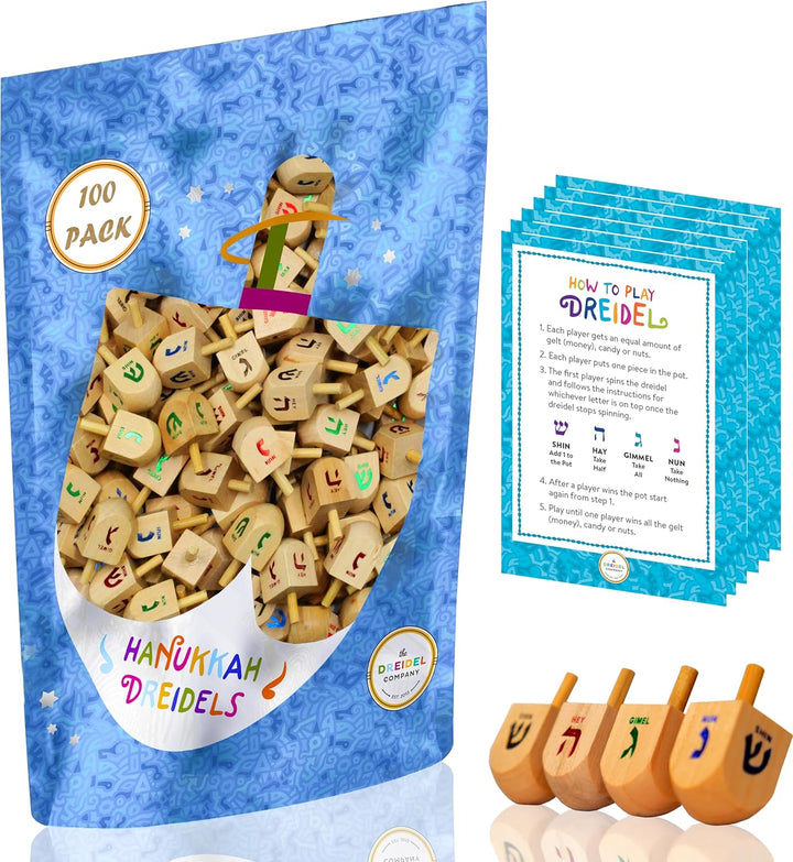 Natural Wood Dreidels Hanukkah Draydel with English Transliteration & Instruction Cards (10-Pack)