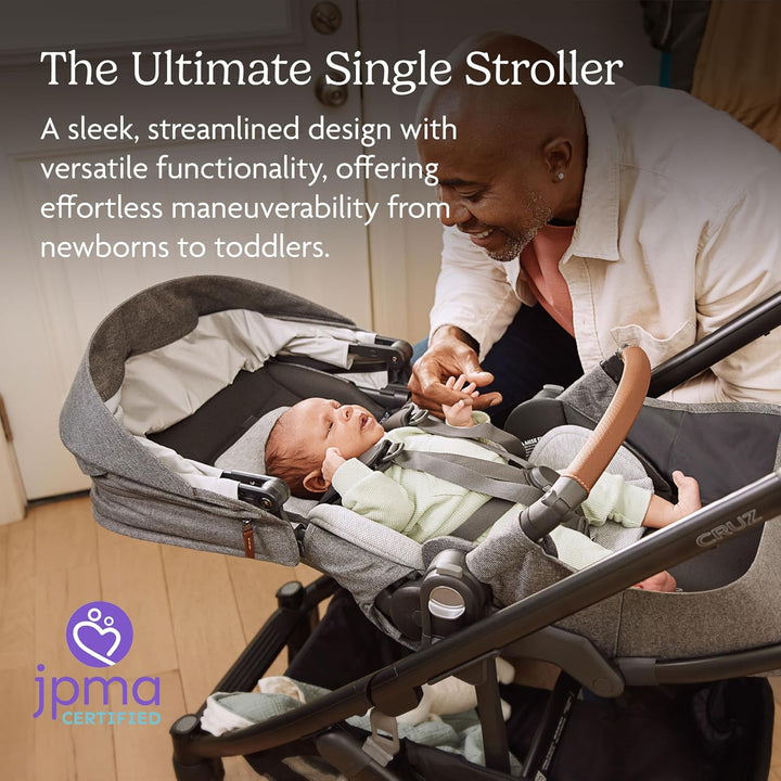 Cruz V3 Stroller - from Birth + Car Seat Compatible - Full-Size, Reversible Seat - Infant Insert, Bug and Rain Shields Included - Declan (Oat Mélange/Silver Frame/Chestnut Leather)