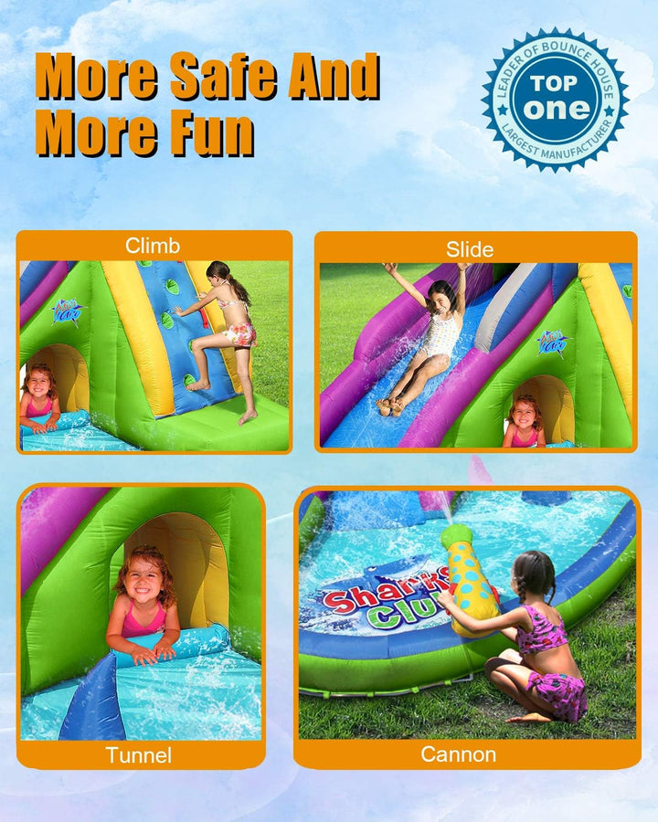 Inflatable Water Slide, Shark Bounce House with Slide for Wet and Dry, Playground Sets for Kids Backyard, Water Spray & Water Pool, Durable Sewn with Extra Thick Material