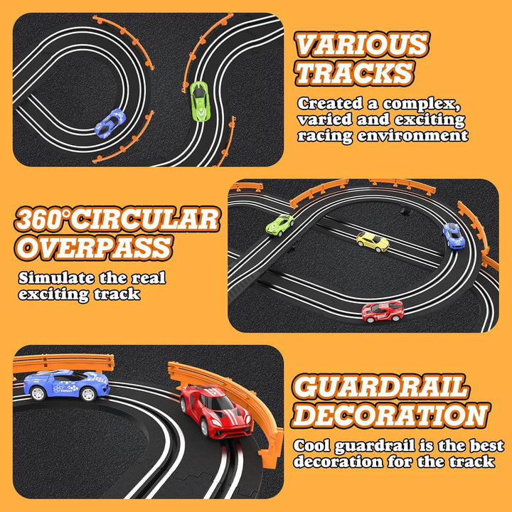 Slot Car Race Track Sets with 4 High-Speed Racing Car, Battery or Electric Race Car Track for Boys and Kids, Dual Racing Game Lap Counter Circular Overpass Track, Gifts Toys for Boys Kids Age 6 7 8-12