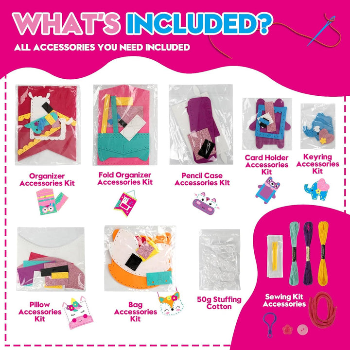 Sewing Craft Kit for Girls: DIY Felt Sewing Kit for Kids Ages 5-10, 7 Fun Projects with Stuffed Animals & Pillows, Learn to Sew Kit for Beginners, Ideal for Christmas & Birthday, Arts & Crafts Ideas