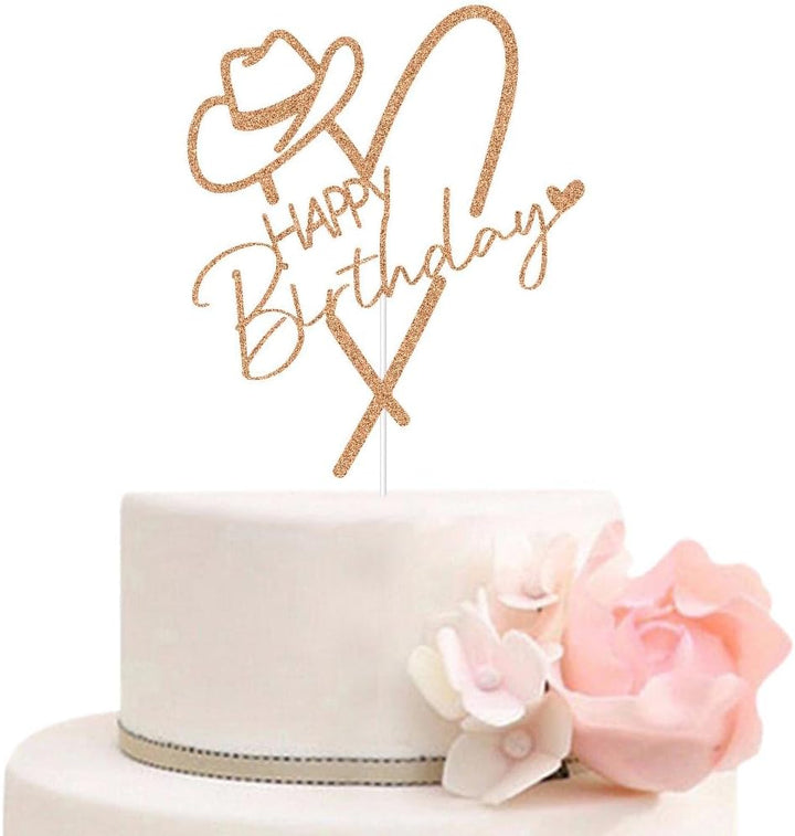 Cowgirl Happy Birthday Cake Topper, Mexican Western Birthday Cake Decor, Fiesta Theme Girls Bday Party Decorations Rose Gold Glitter