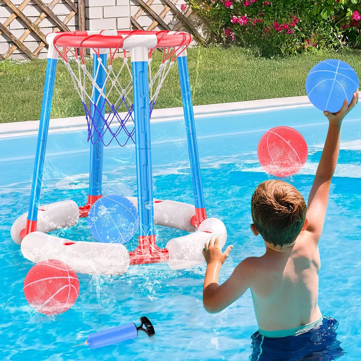 Pool Basketball Hoop with 4 Balls and Pump – Poolside & Floating Basketball Hoop for Pool, Fun Pool Toys & Swimming Pool Games, Water Basketball Game for Kids Ages 3+, Perfect for Summer Parties