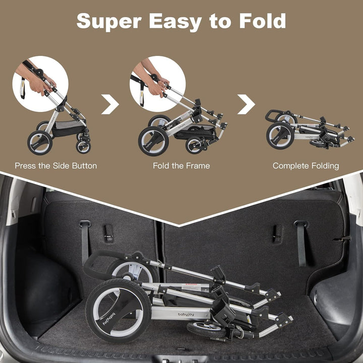 Baby Stroller, 2-In-1 Convertible Bassinet Reclining Stroller, Foldable Pram Carriage with 5-Point Harness, Including Cup Holder, Foot Cover, Diaper Bag, Aluminum Structure, Khaki