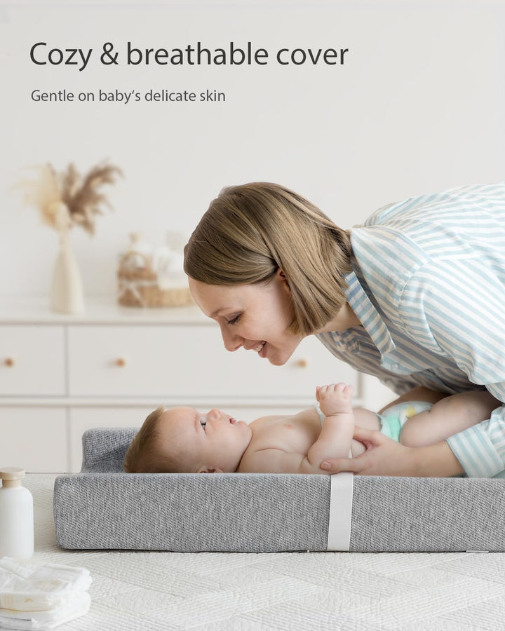 Baby Changing Pad with Waterproof Lining Foam, Includes a Soft & Washable Cover, Contoured Changing Table Pads for Dresser Top with Non-Slip Bottom, 32”×16” (Grey, Rectangular)