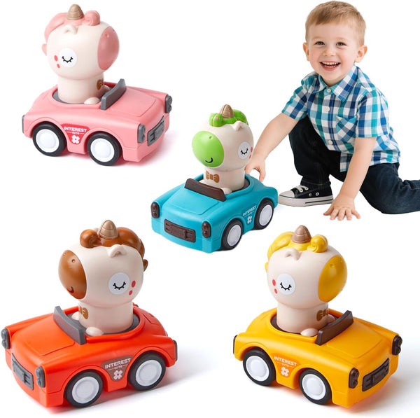 Wind up Press Cars, Four Unicorn Play Figure Racing Cars Set for Toddlers Baby Boys Girls,Animal Vehicle Toys, Press Then Go