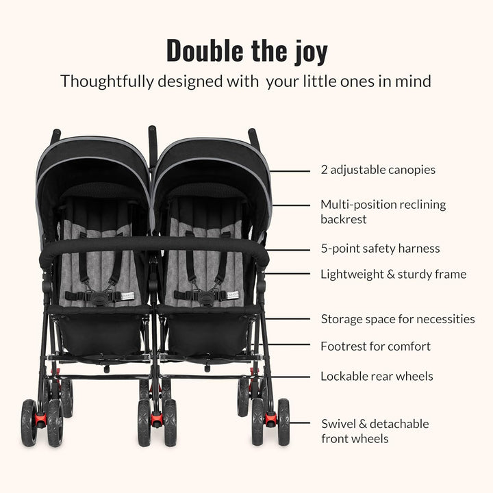 Volgo Twin Umbrella Stroller in Black, Lightweight Double Stroller for Infant & Toddler, Compact Easy Fold, Large Storage Basket, Large and Adjustable Canopy