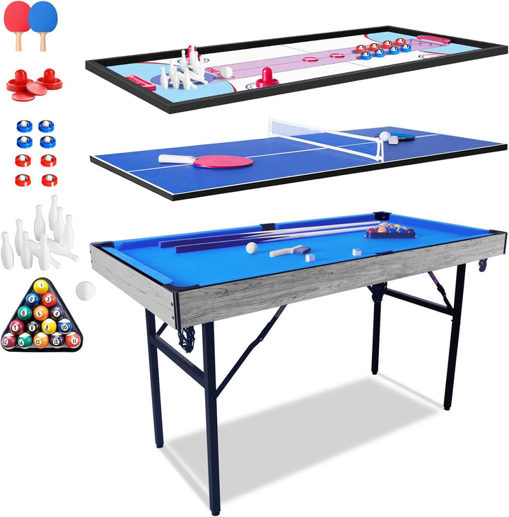 54" Upgrade Multi Game Table,5 in 1 Folding Portabel Games with Accessories,Ping Pong,Pool Billiard,Shuffleboard,Bowling,Hockey Combo Game Set for Indoor and Outdoor Family Game Table