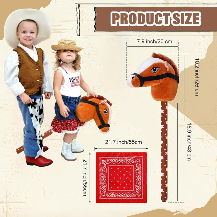 8 Pcs Light Brown Horse Stick with Sound Red Bandana Set 27.6'' Toys Stick Horse Western Cowboy Bandana Horse Head Stick with Neighing Sound for Boys Girls Fun Pretend Games Son Daughter