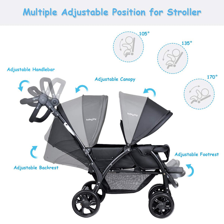 Double Stroller, Foldable Lightweight Twin Stroller with Tandem Seating, Adjustable Backrest/Canopy/Footrest, 5-Point Harness, Storage Basket, Newborn and Toddler (Black)