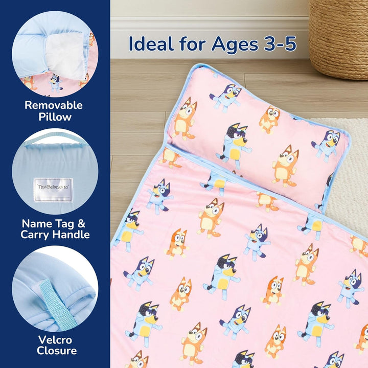 Toddler Nap Mat with Built-In Pillow and Blanket - Soft 46 X 20-Inch Microfiber Kids Sleeping Bag for School or Sleepover, Pink - Bluey & Bingo
