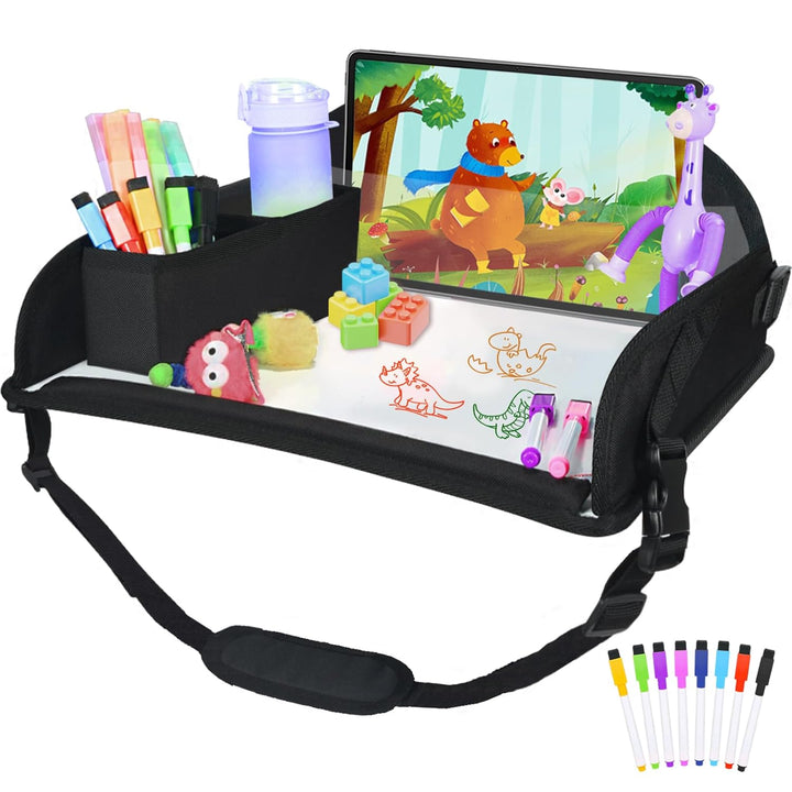 Kids Travel Tray for Car Airplane - Car Seat Tray for Kids Travel, Toddler Carseat Lap Table, Road Trip Essentials, Lap Desk for Kid Roadtrip Activities, Pink Unicorn