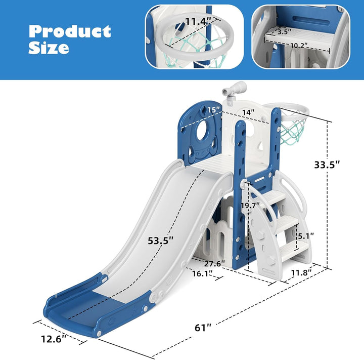 Toddler Slide 7 in 1 Outdoor Playset Kids Slides Indoor Playground for Backyard Baby Climber with Telescope Basketball Hoop and Ball Storage Space for Age 1+ Years (Blue)