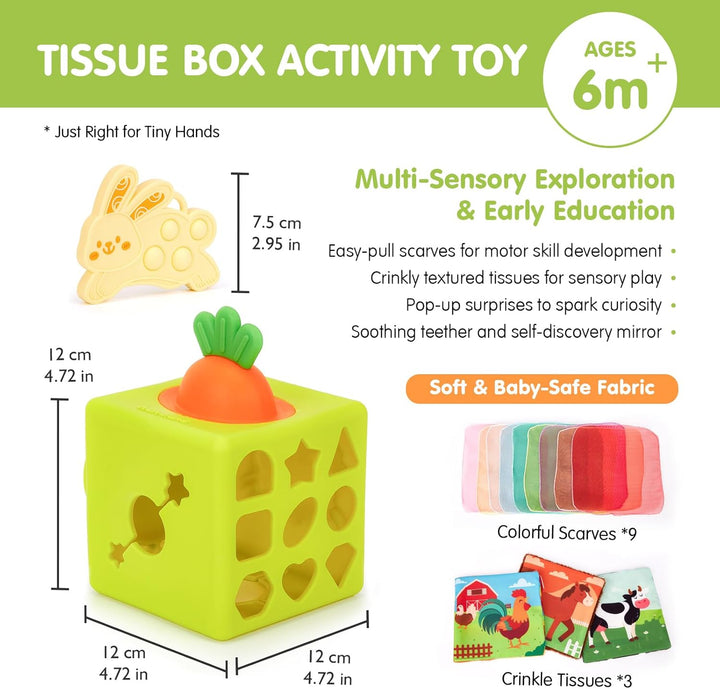 Baby Tissue Box Toy - Silicone Baby Toys 6-12 Months Montessori Toys for 6 Month Old, 6-In-1 Soft Busy Activity Cube with Scarves, Crinkle, Textures, Mirror, Sensory Popper, 12-18 Months Toy