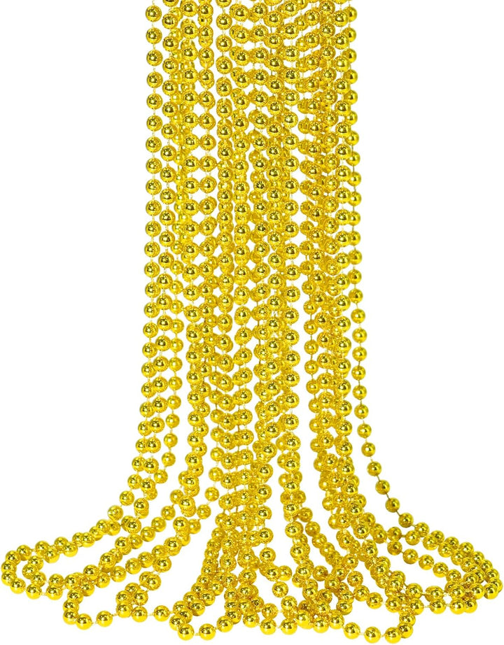 12 PCS Gold Bead Necklaces, Mardi Gras Christmas Beads 33" Metallic Beaded Costume Party Necklaces for Parade Throws, Wedding, Birthday, Pirate Party Favors