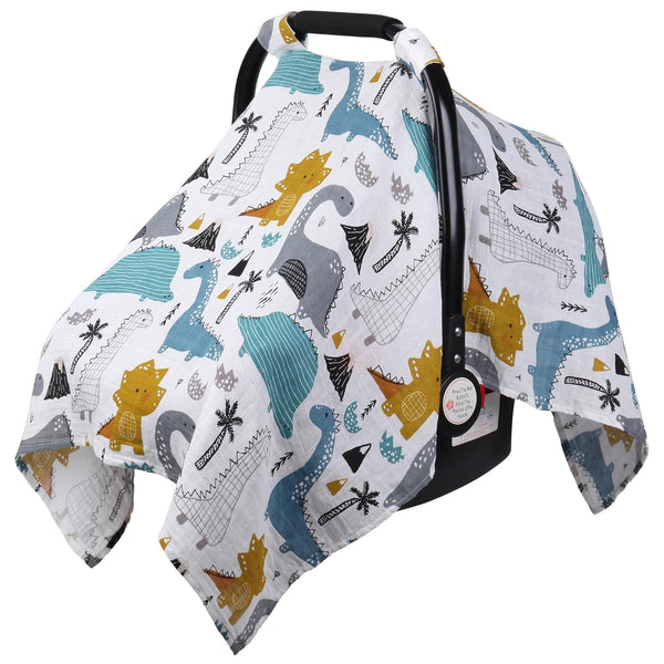 Dinosaurs Carseat Cover - Muslin Cotton Infant Car Seat Canopy, Breathable Baby Carrier Cover, Summer Stroller Sun Shade
