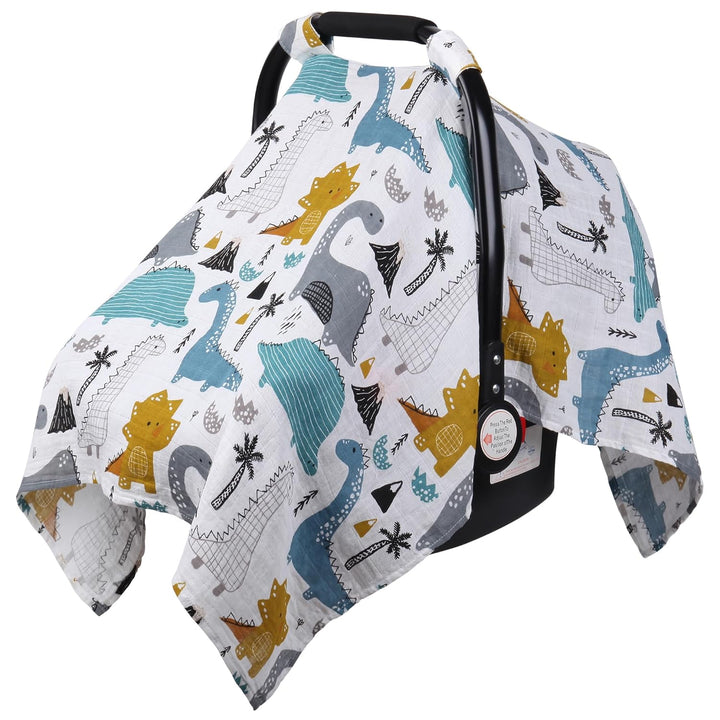 Dinosaurs Carseat Cover - Muslin Cotton Infant Car Seat Canopy, Breathable Baby Carrier Cover, Summer Stroller Sun Shade