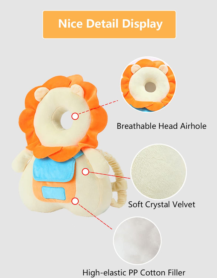Baby Head Protector Backpack with Squeaker, Knee Pads, Anti-Slip Socks, Yellow Lion Sets