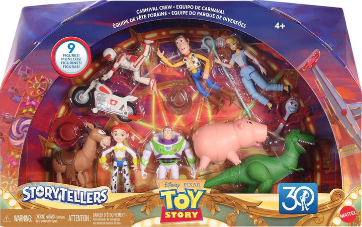 Disney and Pixar Toy Story Storytellers Figure Pack, 6 Figures & Vehicle, Woody Buzz Rex Forky Bo Peep Duke Caboom & Toy Motorcycle, Carnival Crew