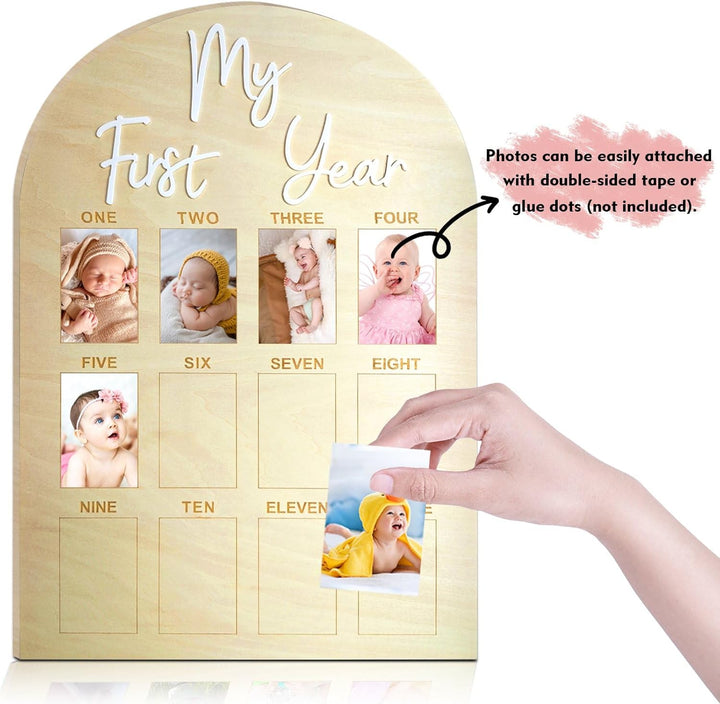 One Year Birthday Wooden Photo Board My First Year Milestone Photo Board 12 Monthly Picture Frame Baby First Year Wood Acrylic Sign 1St Birthday Decorations Baby Keepsake Gift (2" X 3" Photos - Wallet Size)
