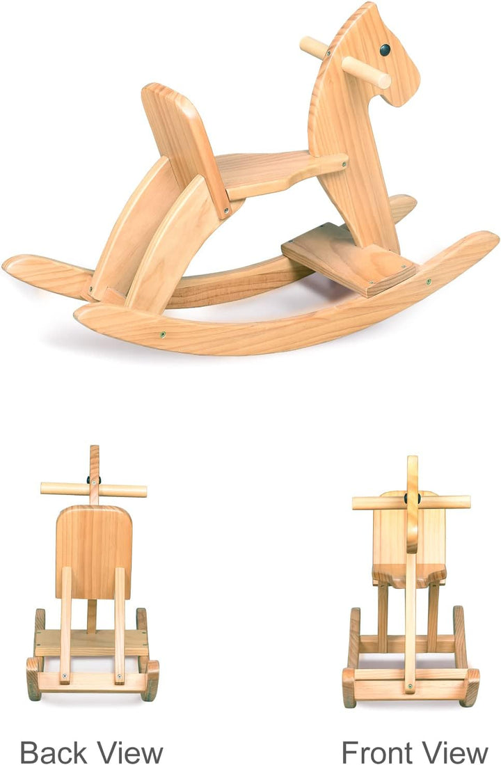 Rocking Horse Wooden Ride on Toy for Kids Classic Design Rocking Horse with Pedal and Safe Backrest Fine Workmanship(Classic, Natural)
