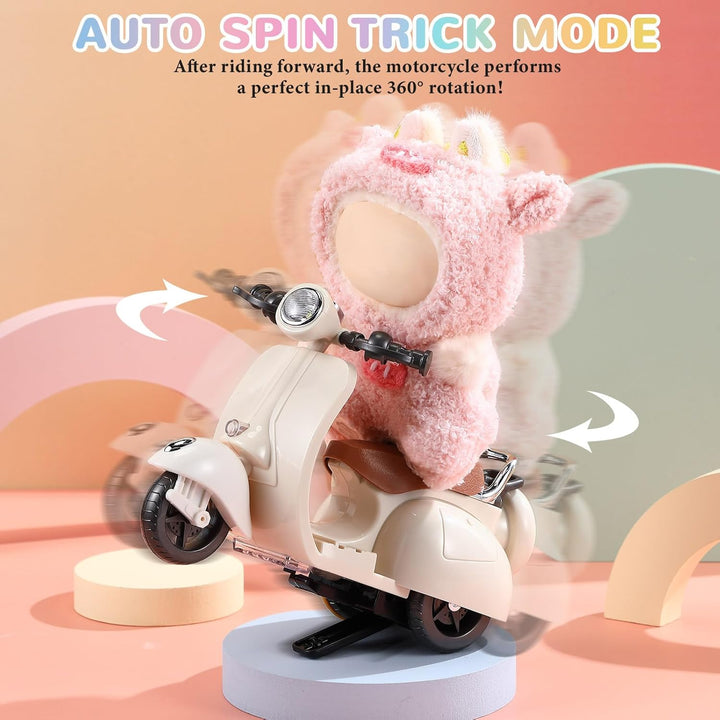 Mini Electric Doll Scooter Vehicles Toy 4 Colors Available Funny Doll Accessory with Music & Lights Could Rotate 360° Cute Plastic Scooter Toy Ornaments Battery Not Included (Cream)