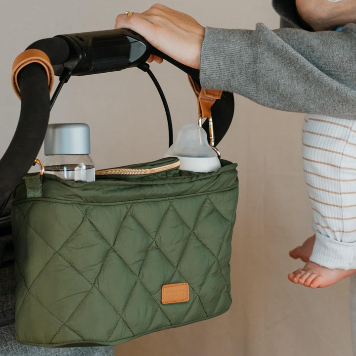 Beautiful Stroller Caddy Organizer with 2 Cup Holders – Luxury Stroller Bag, Universal Fit, Leather Straps & Zipper Pocket – Spacious Accessories Perfectly Fits Doona, Nuna & Uppababy Strollers