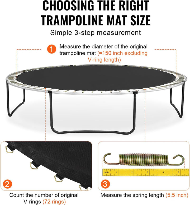 Replacement Trampoline Mat, Jumping Mat Fits 12/13/14/15 Ft Frame, Universal Jumping round Trampoline, Uv-Resistant Mat with Spring Tool & 72/80/92 V-Rings, Fit 5.5"/6.5"/7" Spring Length