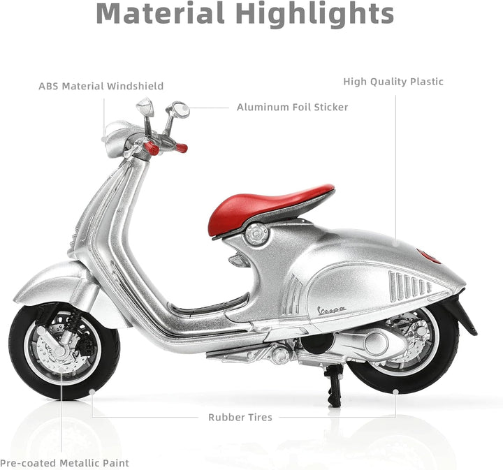 1:18 Scale 946 Moped Figurine Static Mini Scooter Model Toy Roman Holiday Collection Souvenir Figurine Simulation Motorcycle Toy Cake Topper Gift for Adult Kid Boy (Silver Color)