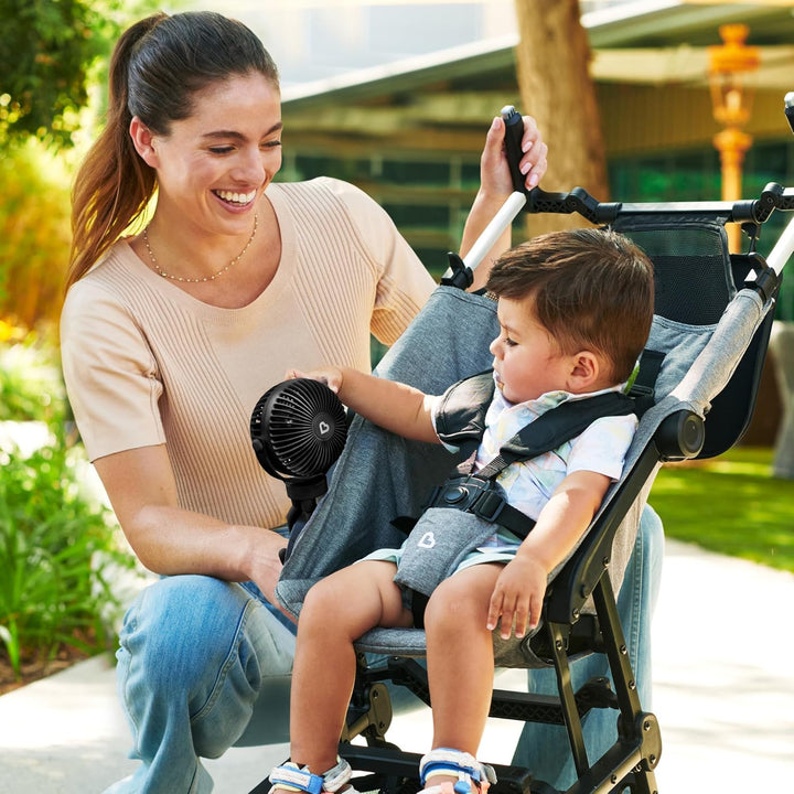 Stroller Fan - Portable Fan for Travel, Baby Gear Accessory with 4 Speeds, Flexible Clip-On Leg Attachment, Rechargeable Battery, Black with Multicolored LED Lights