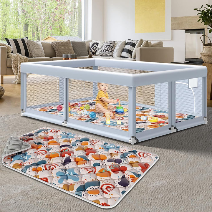 74" ×50" Large Baby Playpen, Baby Playard for Babies and Toddlers, Baby Fence Play Pens for Indoor & Outdoor, Sturdy Safety Play Yard with Soft Breathable Mesh, Anti-Fall, Grey