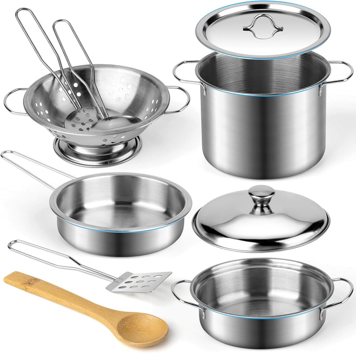 Kitchen Pretend Play Toys with Stainless Steel Cookware Pots and Pans Set, Cooking Utensils, Apron & Chef Hat, Cutting Vegetables for Kids, Girls, Boys, Toddlers