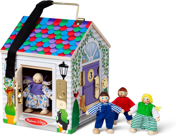 Take-Along Wooden Doorbell Dollhouse - Doorbell Sounds, Keys, 4 Poseable Wooden Dolls Portable Doll House, Doorbell House for Kids Ages 3+