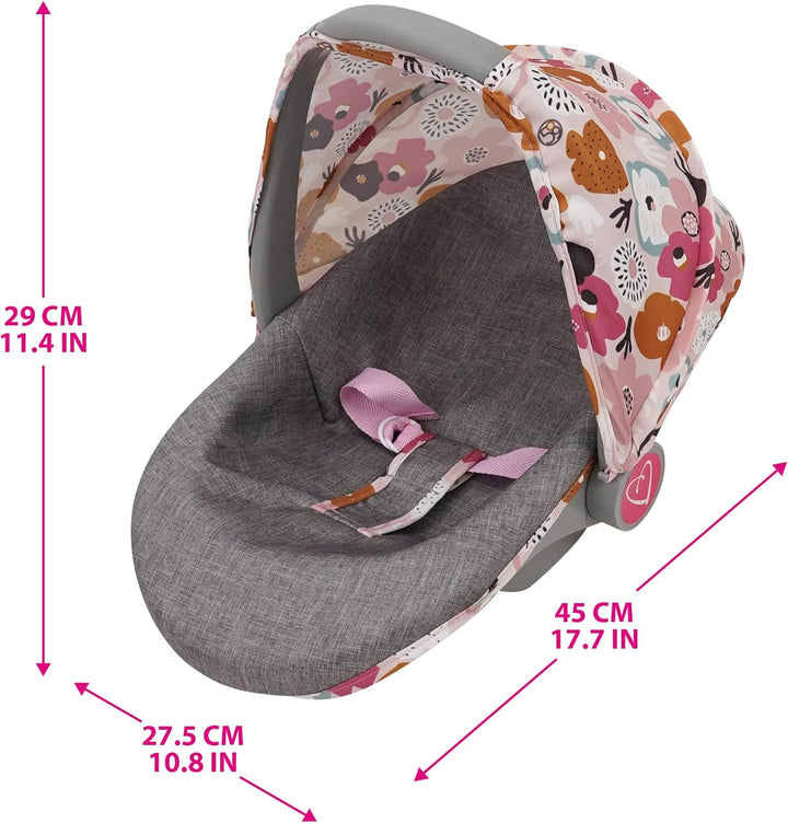 Crew: Melange Flora - 3-In-1 Doll Car Seat - Accessory for Dolls up to 18", Portable Toy, Transforms to Lounge Seat, Retractable Canopy, Kids 3+