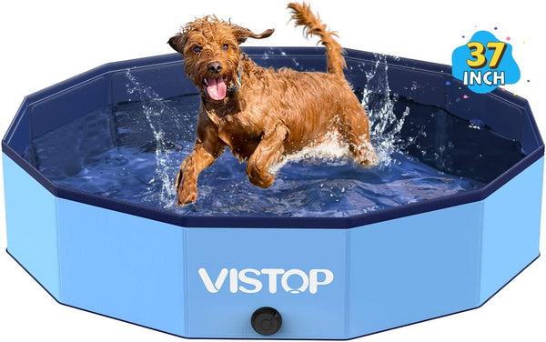 Medium Foldable Dog Pool, Hard Plastic Shell Portable Swimming Pool for Dogs Cats and Kids Pet Puppy Bathing Tub Collapsible Kiddie Pool (37 Inch.D X 7.8Inch.H, Blue)