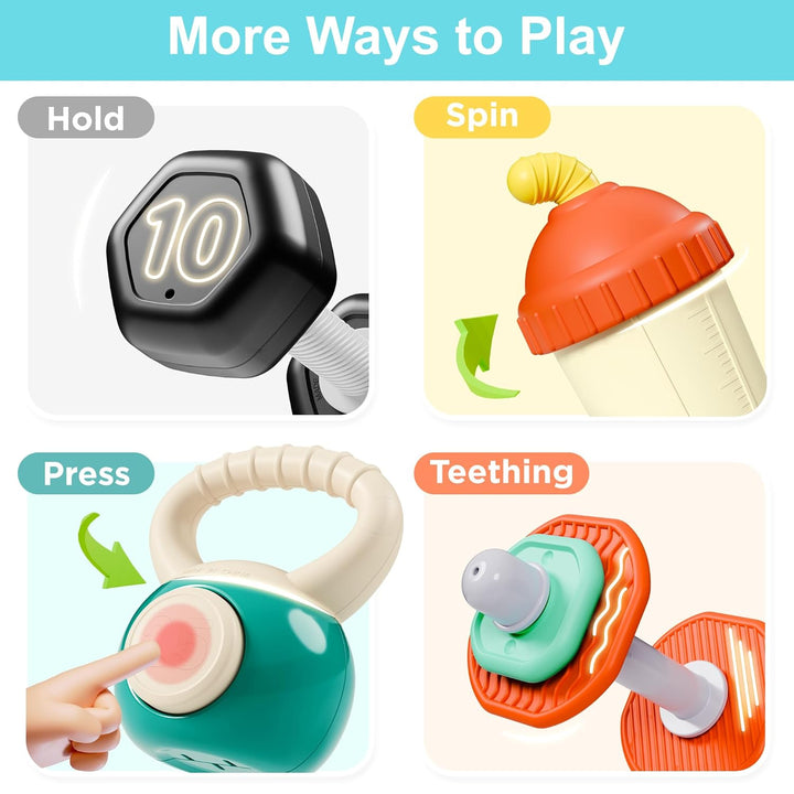 Baby First Gym Rattle Set, Infant Dumbbell Weights Teething Rattles 3-6-12 Month, Newborn Workout Sensory Stroller Toy, Babies Birthday Shower Gift 5 7 8 9 10 Month Toddler Boy Girl-4Pcs