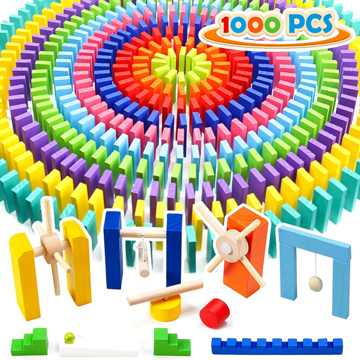 1000 Piece Dominoes Set for Kids with Extra 20 Blocks, Colorful Dominos Tiles for Building, Stacking, Racing, Tumbling, Wood Domino with Storage Bag and Box, Educational Toy