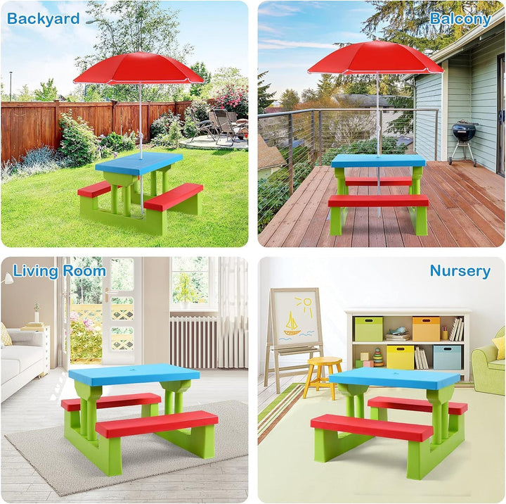 Kids Picnic Table, Toddler Picnic Table with Removable & Foldable Umbrella, Plastic Children Patio Furniture for Garden Backyard, Kids Outdoor Table, Red, Blue & Green